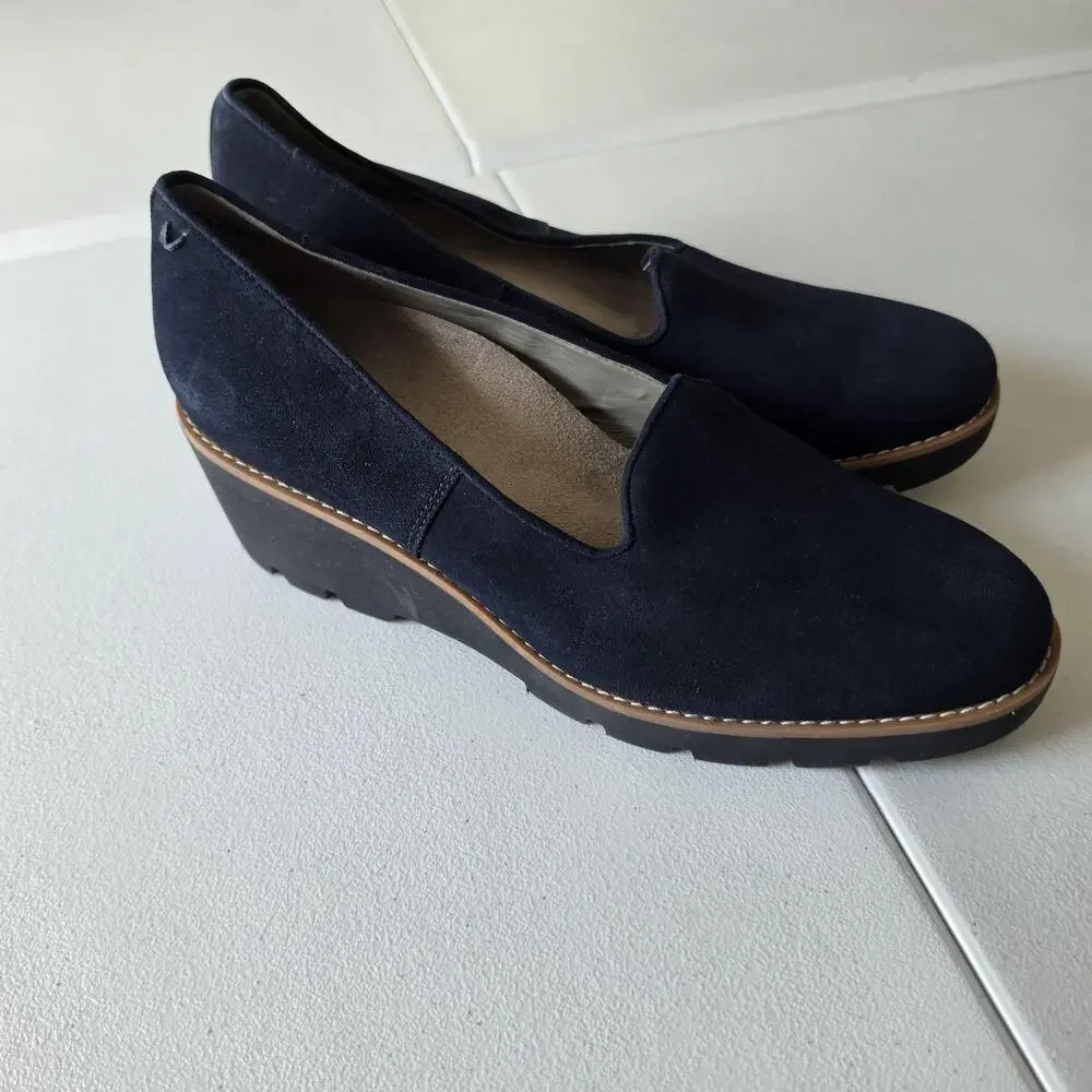 Vionic Willa Wedge Shoes Womens Size 10 Blue Suede Slip On Lug Sole Comfort